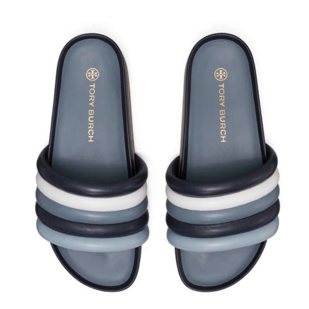 Tory Burch Women Slide Quilted Platform Sandal Leather Navy Blue Size 10